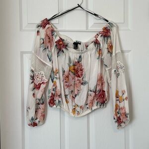 Forever 21 Cream Crop Blouse with Ruffled Sleeves and Ruched Details